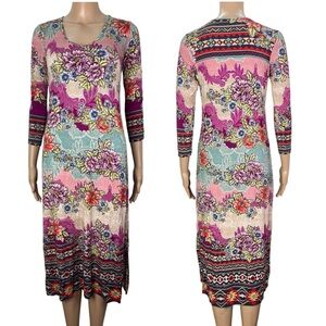 Johnny Was Ledona Printed Multicolor Stretch Midi Shift Dress